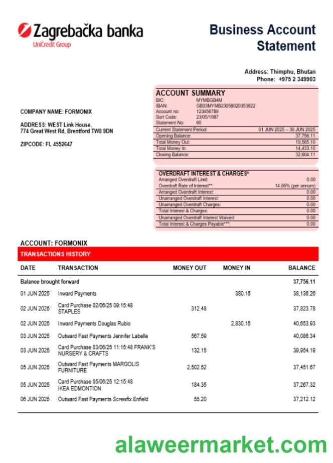 Croatian Zagrebacka Bank business firm account statement Word snd PDF format